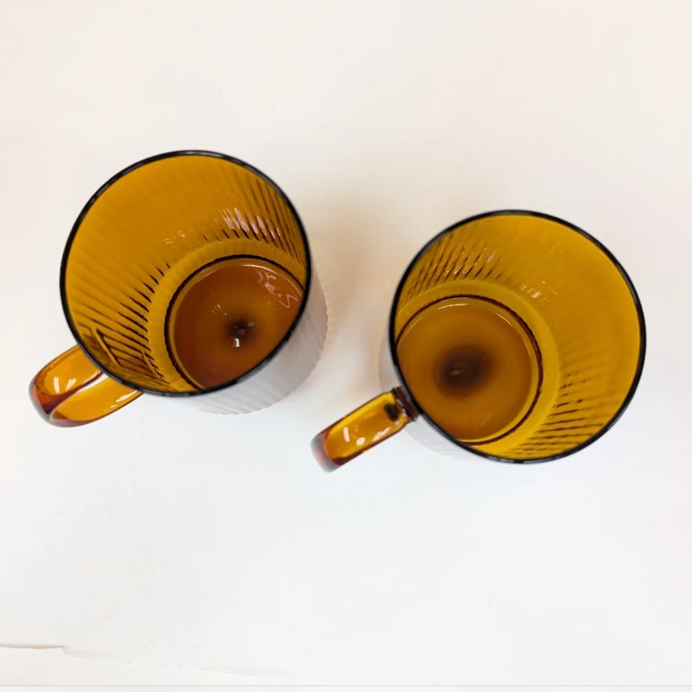 Vintage Amber Glass Coffee Mugs, Mid-Century Modern (MCM) Ribbed Fluted
